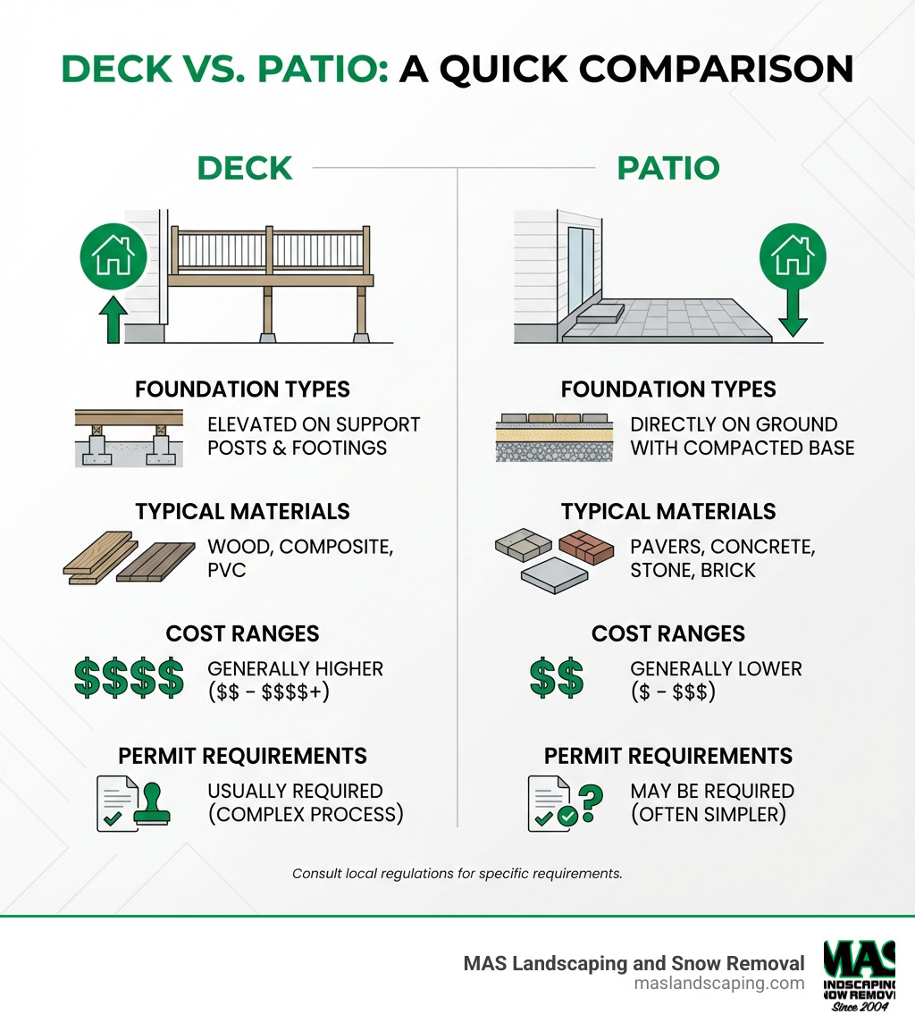 infographic showing deck versus patio comparison with foundation types, typical materials, cost ranges, and permit requirements - deck and patio designers near me infographic 