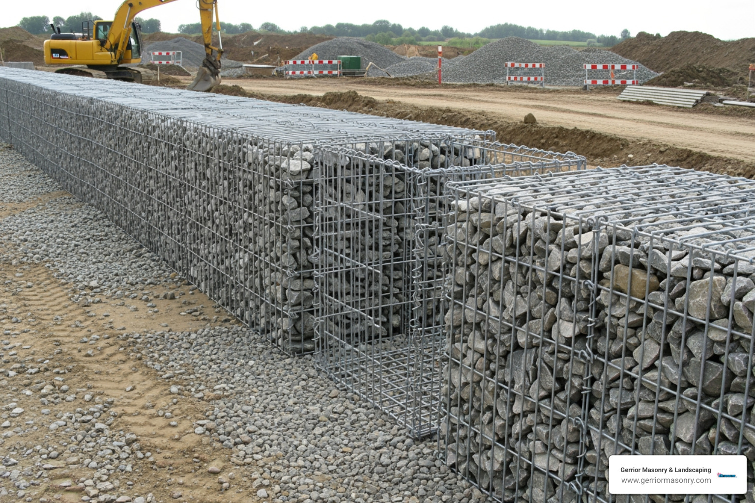 several gabion baskets connected in a row, with bracing wires visible inside an empty basket - installing a gabion retaining wall