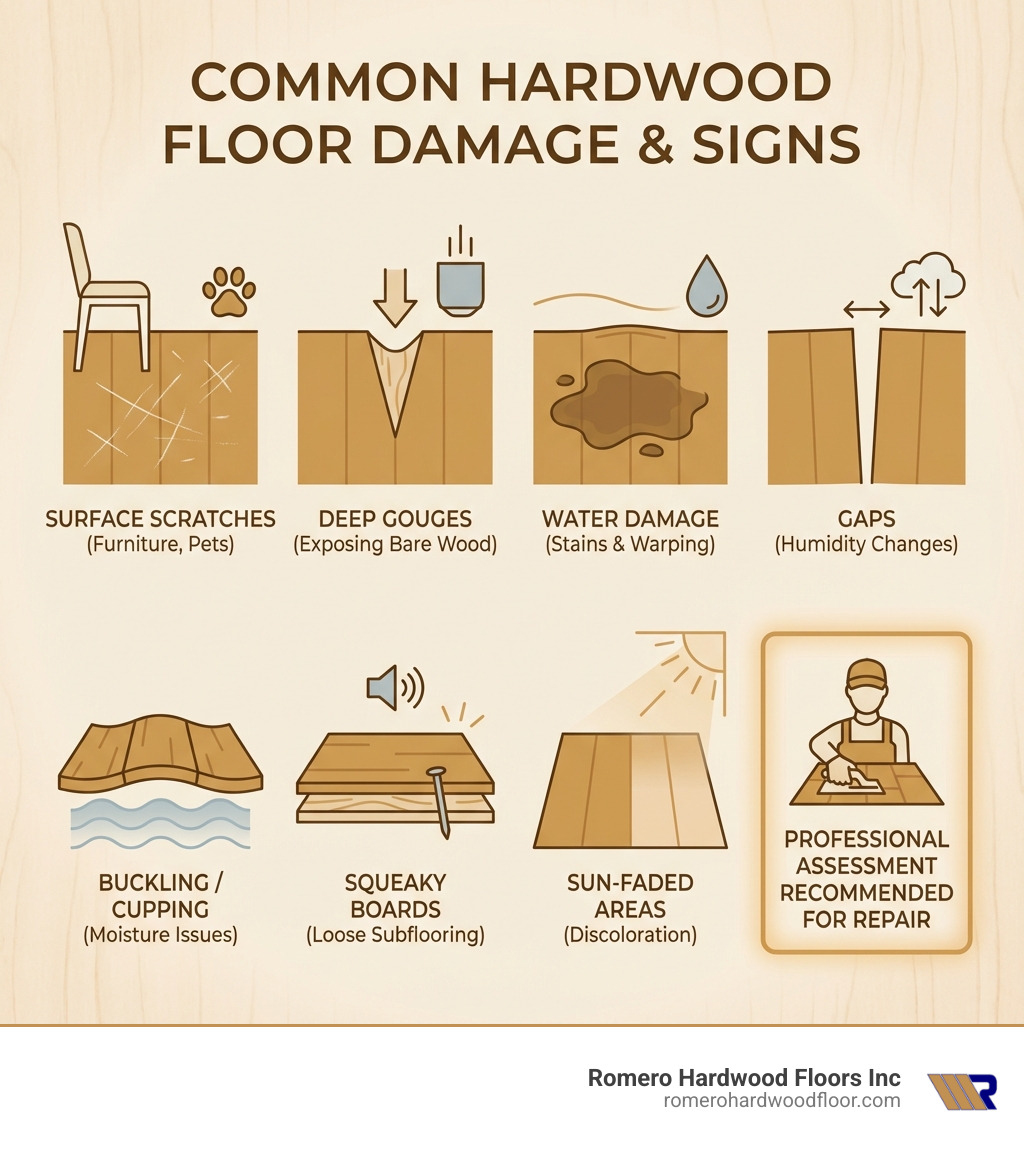 Infographic showing common types of hardwood floor damage including surface scratches from furniture and pets, deep gouges exposing bare wood, water damage causing dark stains and warping, gaps between planks from humidity changes, buckling or cupping from moisture, squeaky boards indicating loose subflooring, and sun-faded areas with discoloration - Hardwood floor repair specialist infographic 