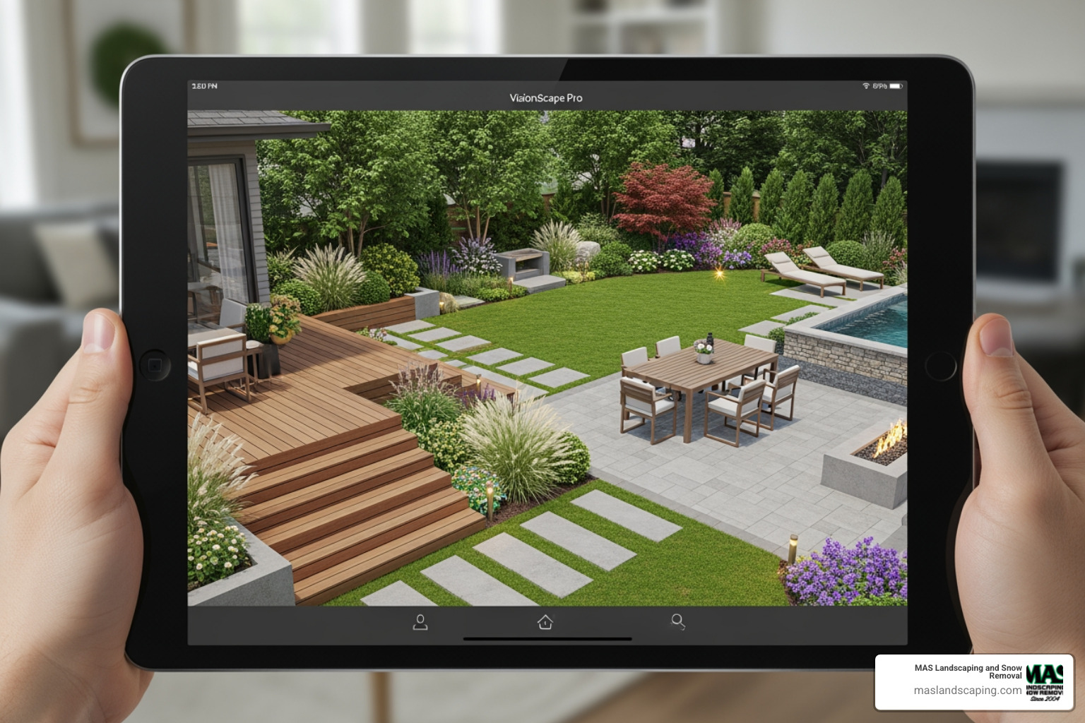3D landscape design rendering on a tablet - deck and patio designers near me