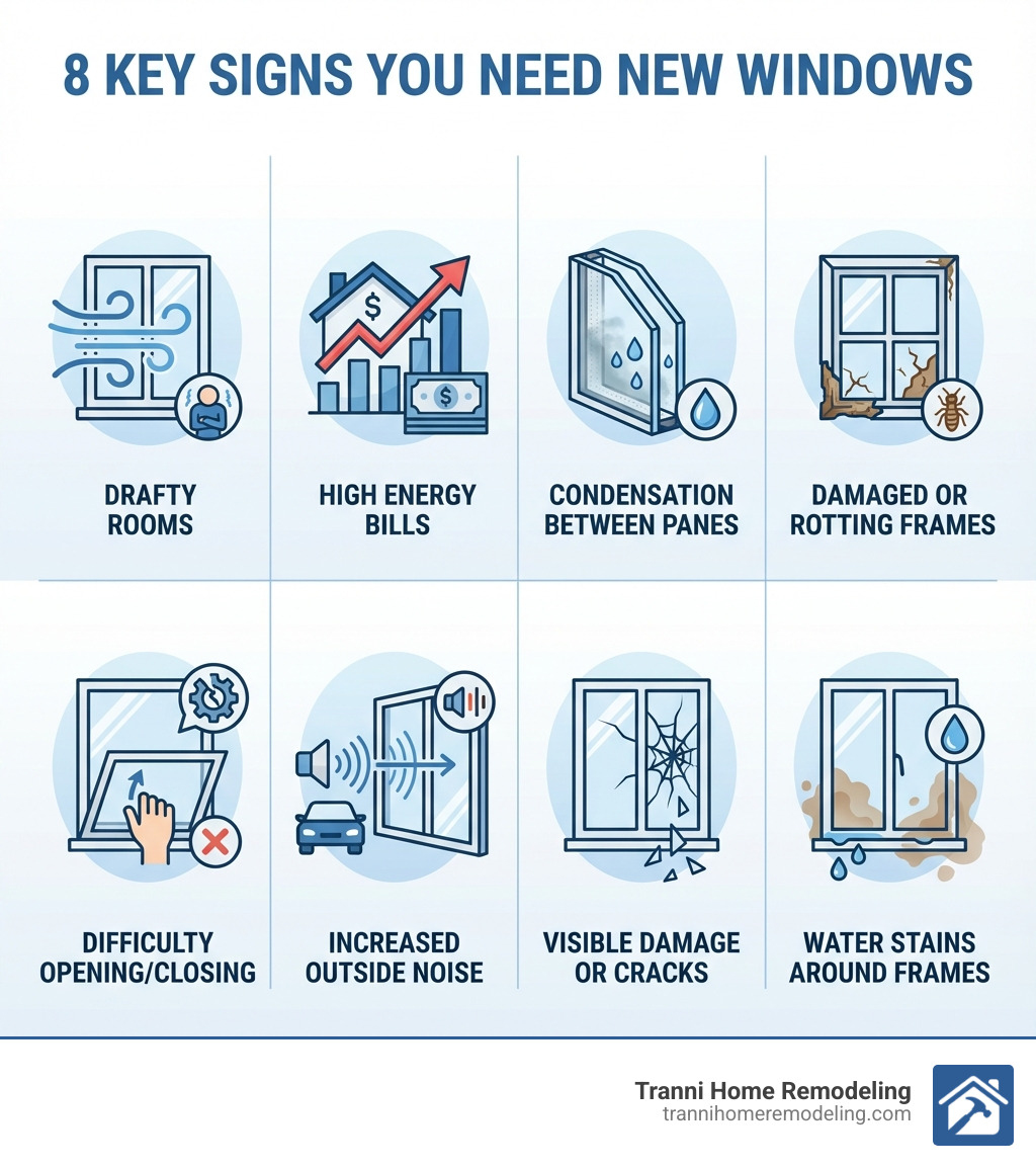infographic showing key signs you need new windows including drafty rooms, high energy bills, condensation between glass panes, damaged or rotting frames, difficulty opening or closing, increased outside noise, visible damage or cracks, and water stains around frames - home window installers infographic infographic showing key signs you need new windows including drafty rooms, high energy bills, condensation between glass panes, damaged or rotting frames, difficulty opening or closing, increased outside noise, visible damage or cracks, and water stains around frames - home window installers infographic