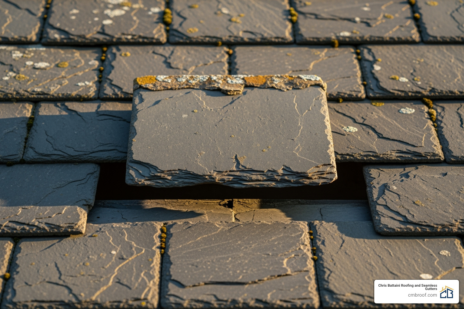 a slate tile that has visibly slipped down, creating a gap - slipped slate repair