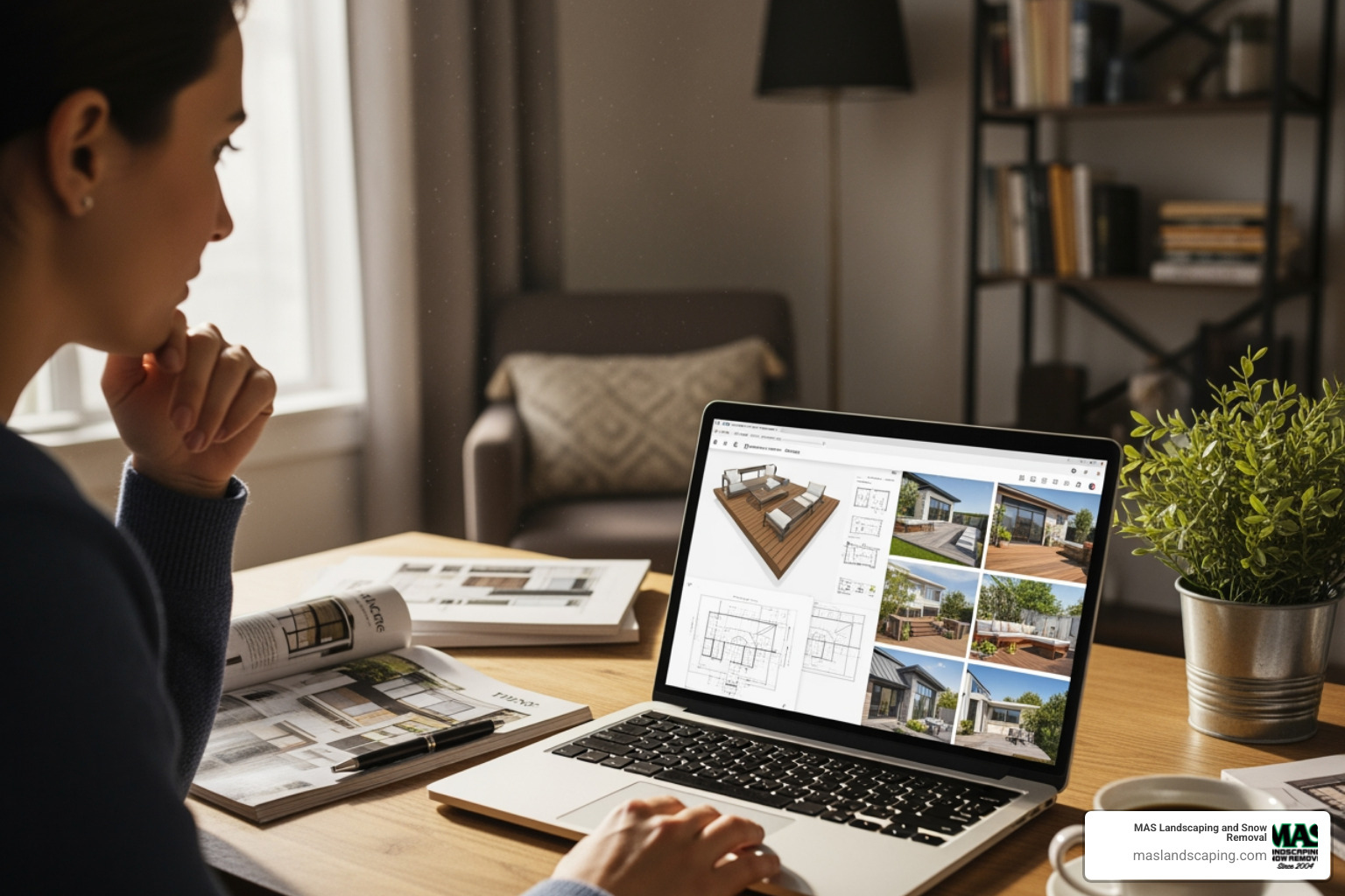 person browsing deck designs on laptop - deck and patio designers near me