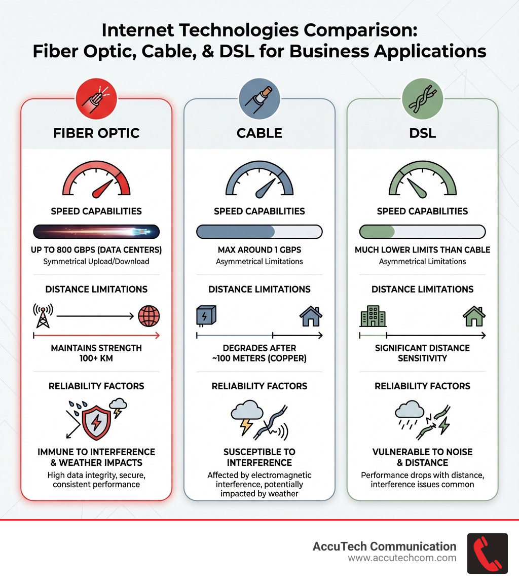 Infographic comparing fiber optic, cable, and DSL internet technologies showing speed capabilities, distance limitations, and reliability factors for business applications - internet optical fiber infographic Infographic comparing fiber optic, cable, and DSL internet technologies showing speed capabilities, distance limitations, and reliability factors for business applications - internet optical fiber infographic