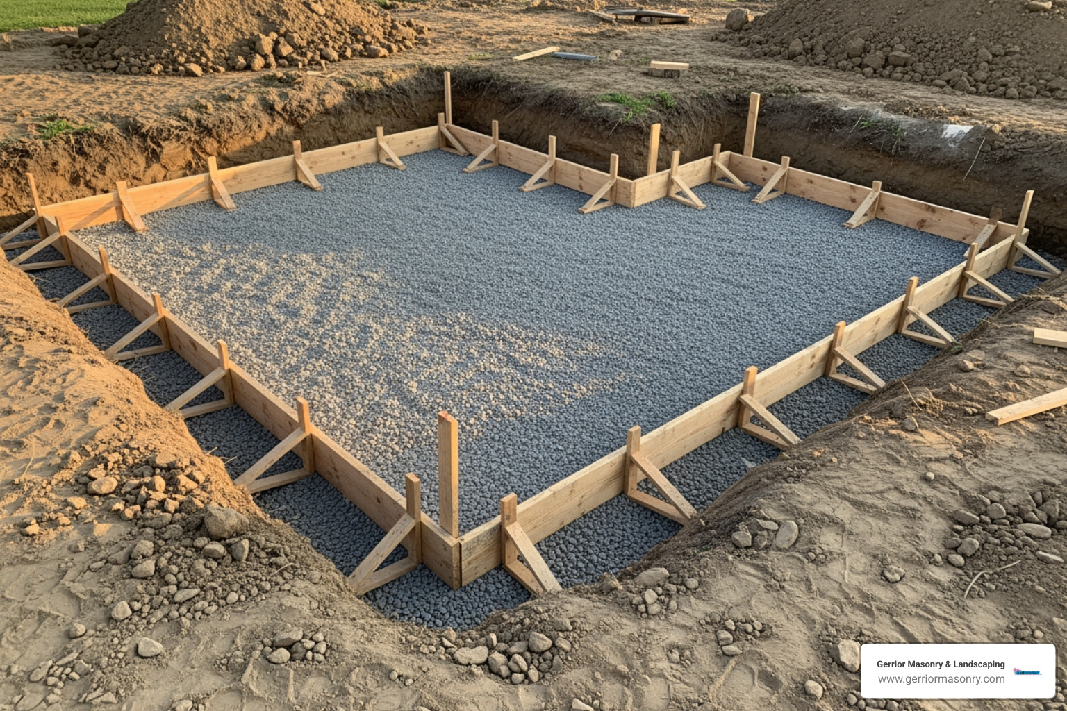 properly prepared site showing excavated ground with a compacted gravel base and wooden formwork - concrete patio construction