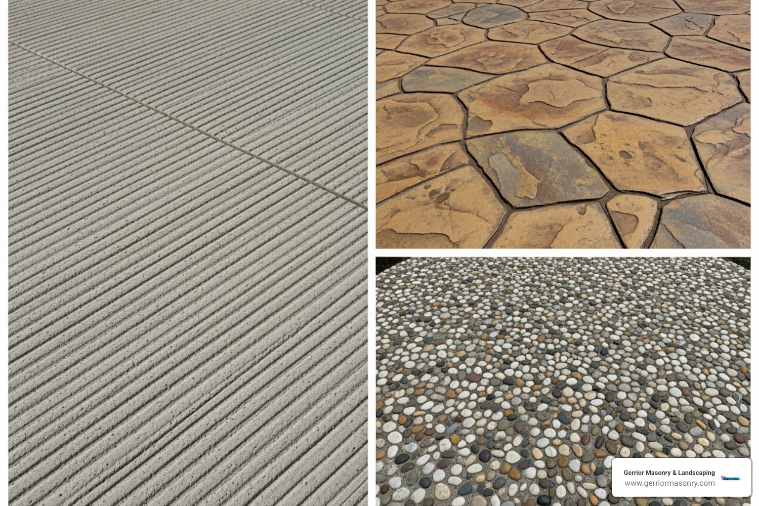 collage showing different concrete finishes like broom finish, stamped patterns, and exposed aggregate - concrete patio construction