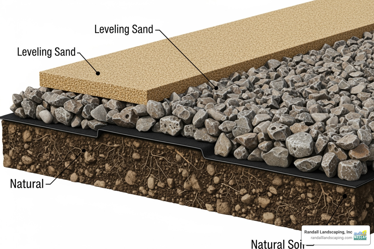 cross-section of a properly prepared base (soil, fabric, gravel, sand) - Garden path installation