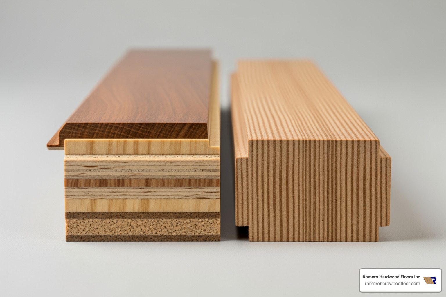Cross-section of an engineered wood plank next to a solid wood plank - Durable wood flooring