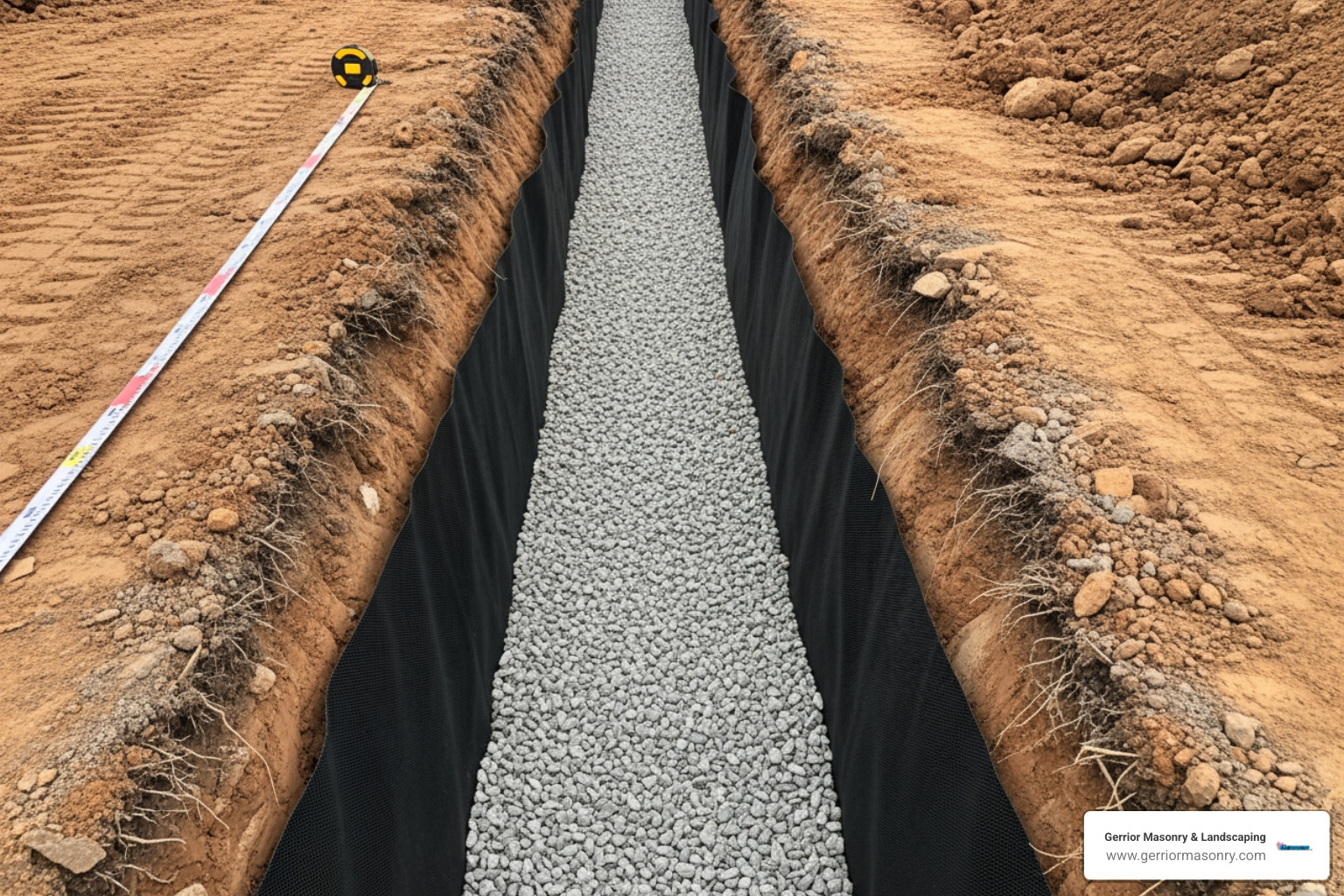 properly excavated trench lined with geotextile fabric and filled with compacted basecourse - installing a gabion retaining wall