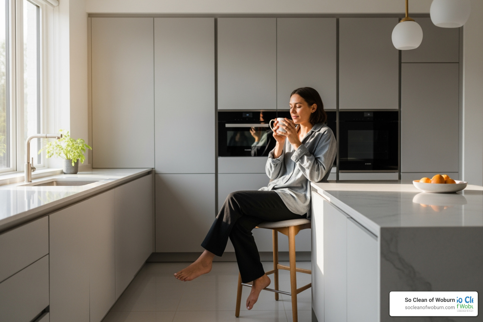 person relaxing in a clean kitchen - apartment cleaning arlington ma