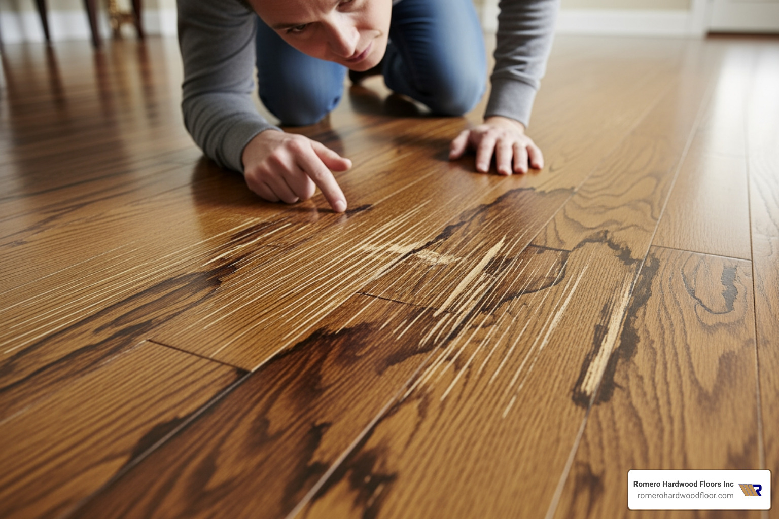 homeowner inspecting scratches and water damage on their hardwood floor - Hardwood floor repair specialist
