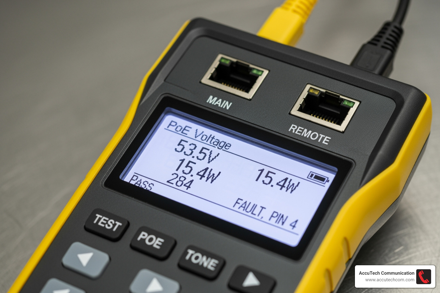 network cable tester with a clear LCD screen showing PoE and cable test results - network cable tester with poe finder