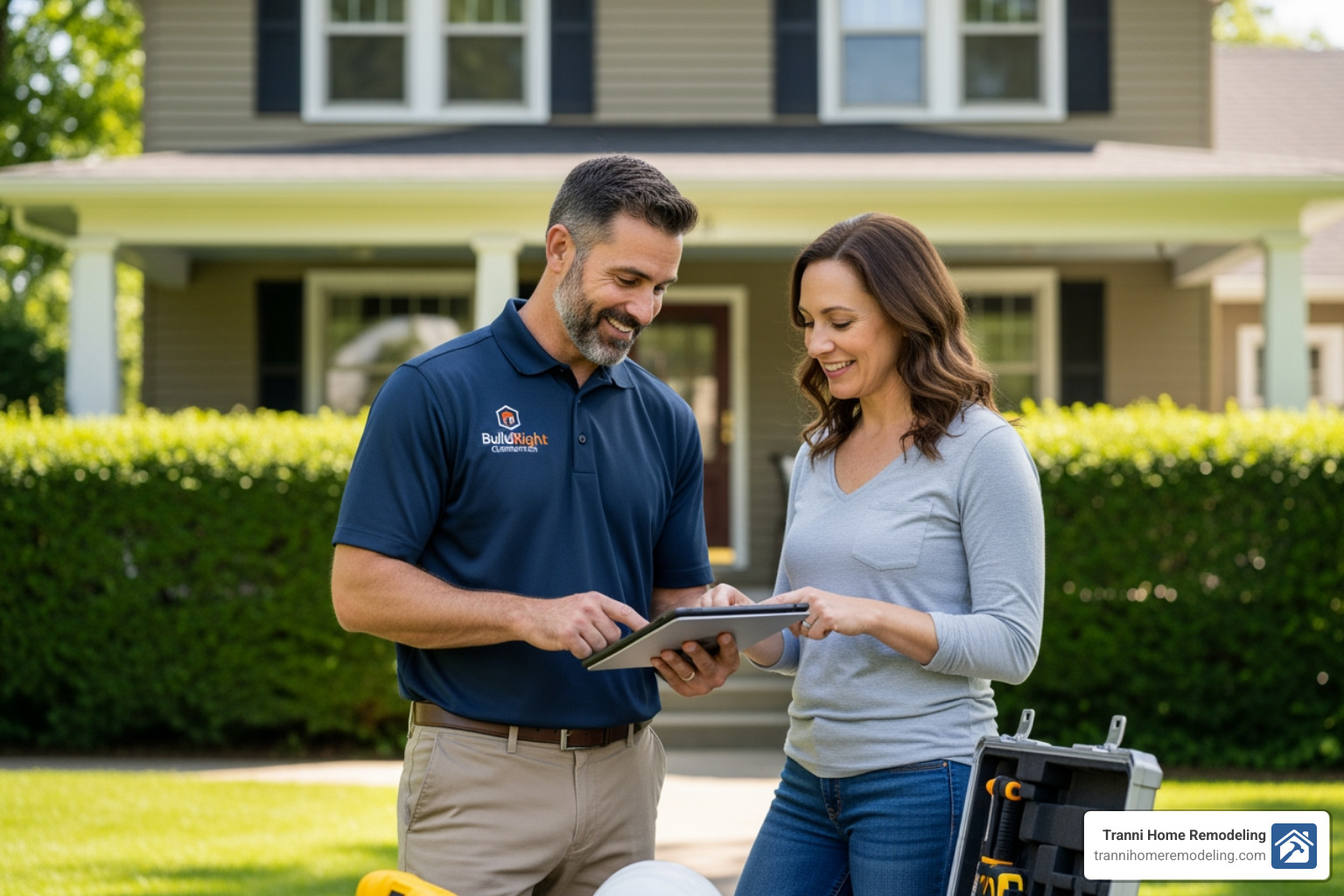 A friendly contractor consulting with a homeowner - home window installers A friendly contractor consulting with a homeowner - home window installers