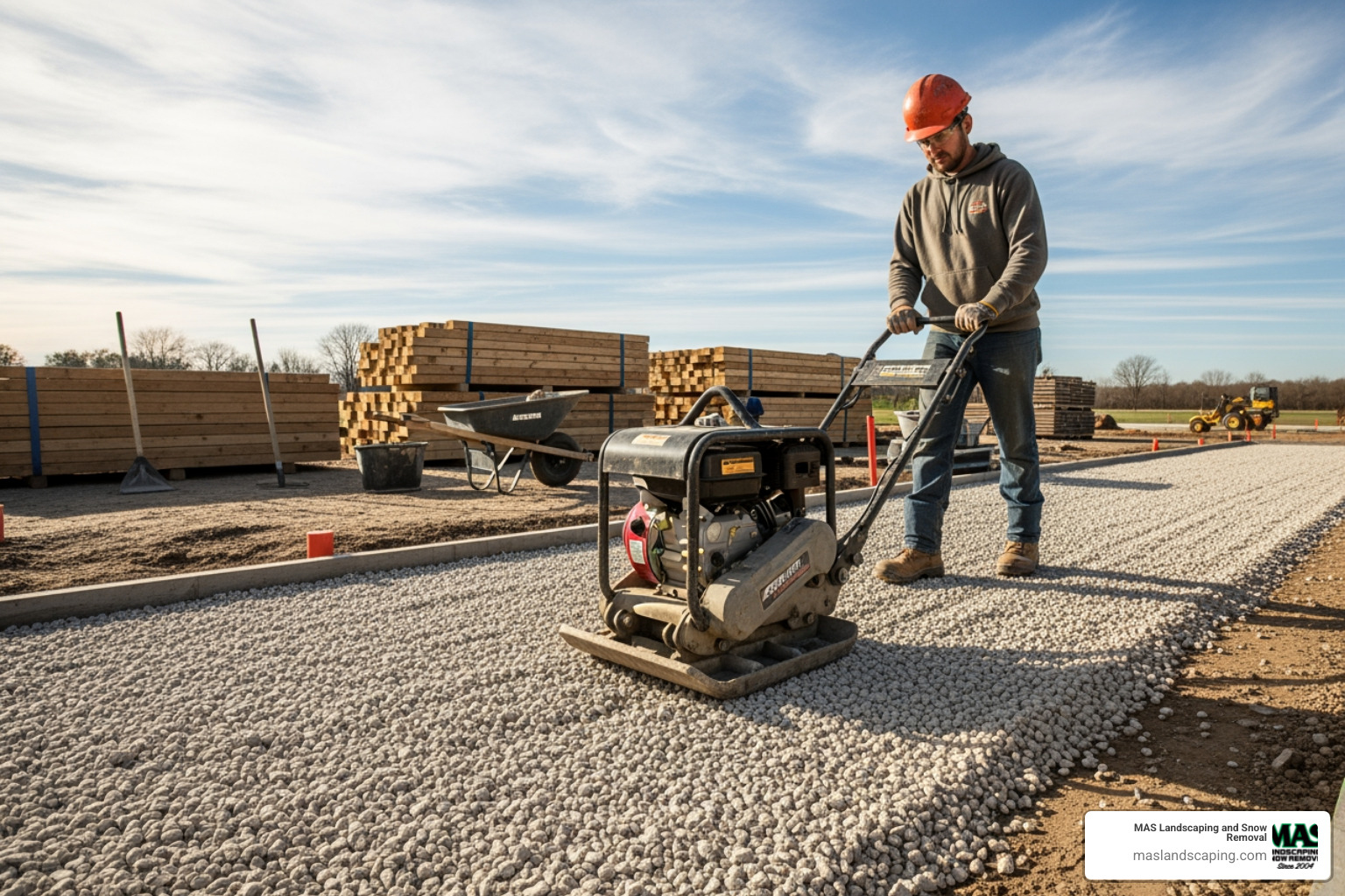person using a plate compactor on a gravel base - walkway builder