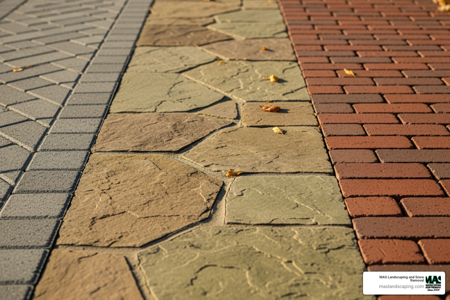 various walkway materials side-by-side: interlocking concrete pavers, natural flagstone, and classic red brick - walkway builder