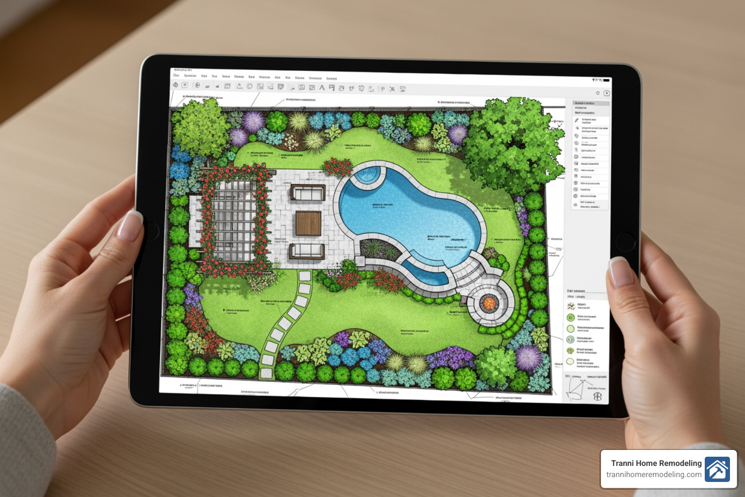 a detailed landscape design plan on a tablet - backyard renovation companies near me