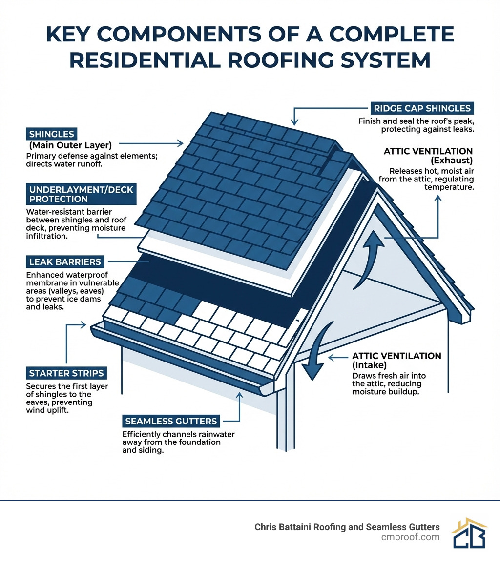 Infographic showing the key components of a complete residential roofing system including shingles, starter strips, underlayment/deck protection, leak barriers, attic ventilation, ridge cap shingles, and seamless gutters, with each component labeled and its primary function explained - residential roofing contractors infographic 