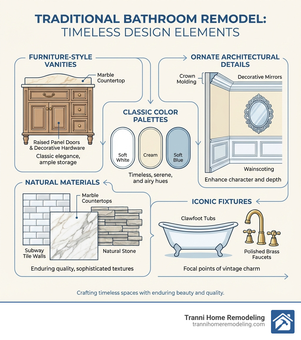 infographic showing traditional bathroom design elements including furniture-style vanities with raised panel doors and decorative hardware, natural materials like marble countertops and subway tile walls, classic color palettes of whites creams and soft blues, ornate architectural details such as crown molding wainscoting and decorative mirrors, and iconic fixtures including clawfoot tubs and polished brass faucets - Traditional bathroom remodel infographic 