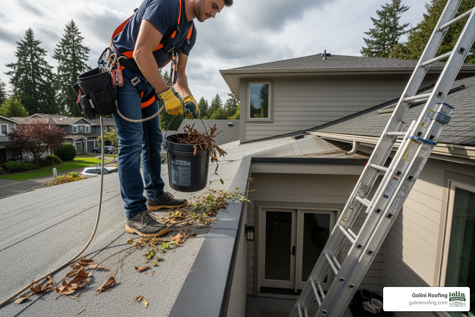 homeowner safely clearing debris from a flat roof - flat roof maintenance homeowner safely clearing debris from a flat roof - flat roof maintenance