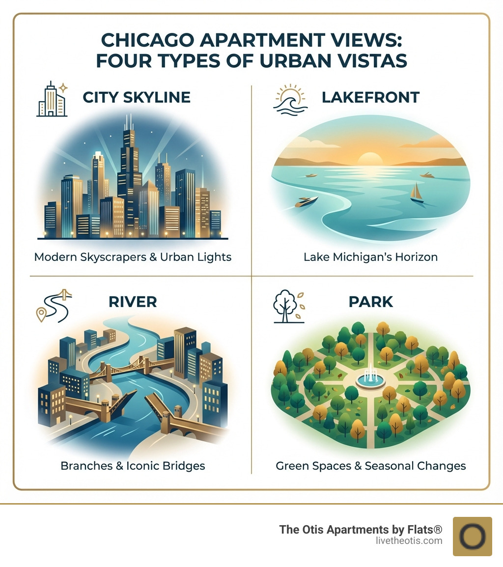 Infographic showing four types of Chicago apartment views: City Skyline featuring modern skyscrapers and urban lights, Lakefront showcasing Lake Michigan's horizon, River displaying the Chicago River's branches and bridges, and Park highlighting green spaces like Grant Park with seasonal changes - Chicago apartment views infographic 