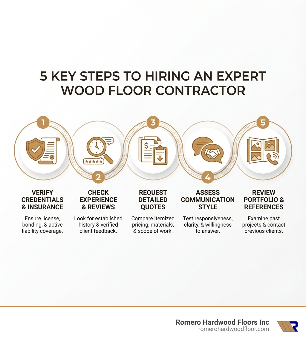 infographic showing 5 steps to hiring a wood floor contractor: 1. verify credentials and insurance, 2. check experience and reviews, 3. request detailed quotes, 4. assess communication style, 5. review portfolio and references - wood floor contractors infographic infographic showing 5 steps to hiring a wood floor contractor: 1. verify credentials and insurance, 2. check experience and reviews, 3. request detailed quotes, 4. assess communication style, 5. review portfolio and references - wood floor contractors infographic