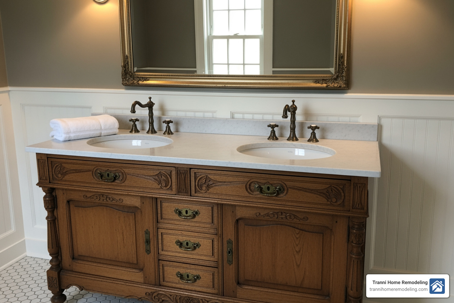 repurposed antique dresser converted into a double vanity - Traditional bathroom remodel