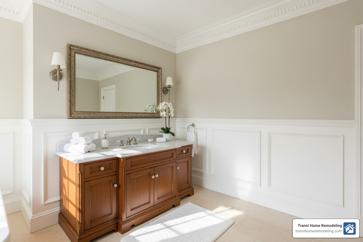 traditional bathroom showcasing detailed wainscoting and crown molding - Traditional bathroom remodel