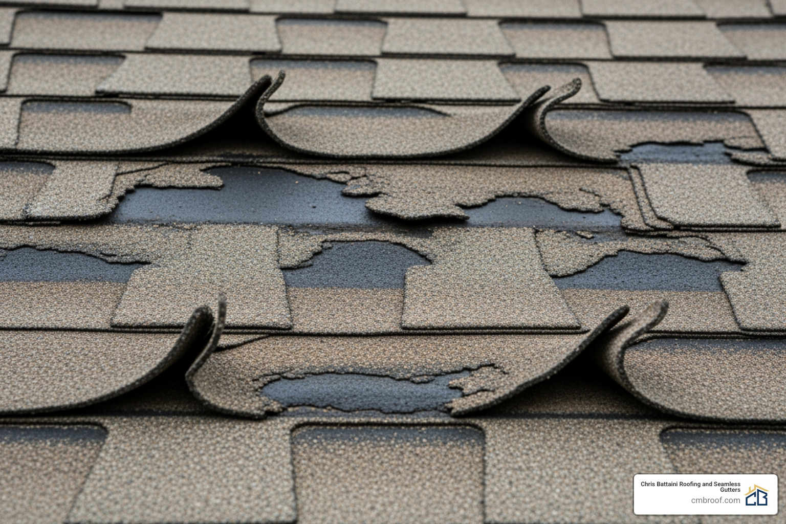 Image of a damaged roof showing curling shingles and granule loss - residential roofing contractors