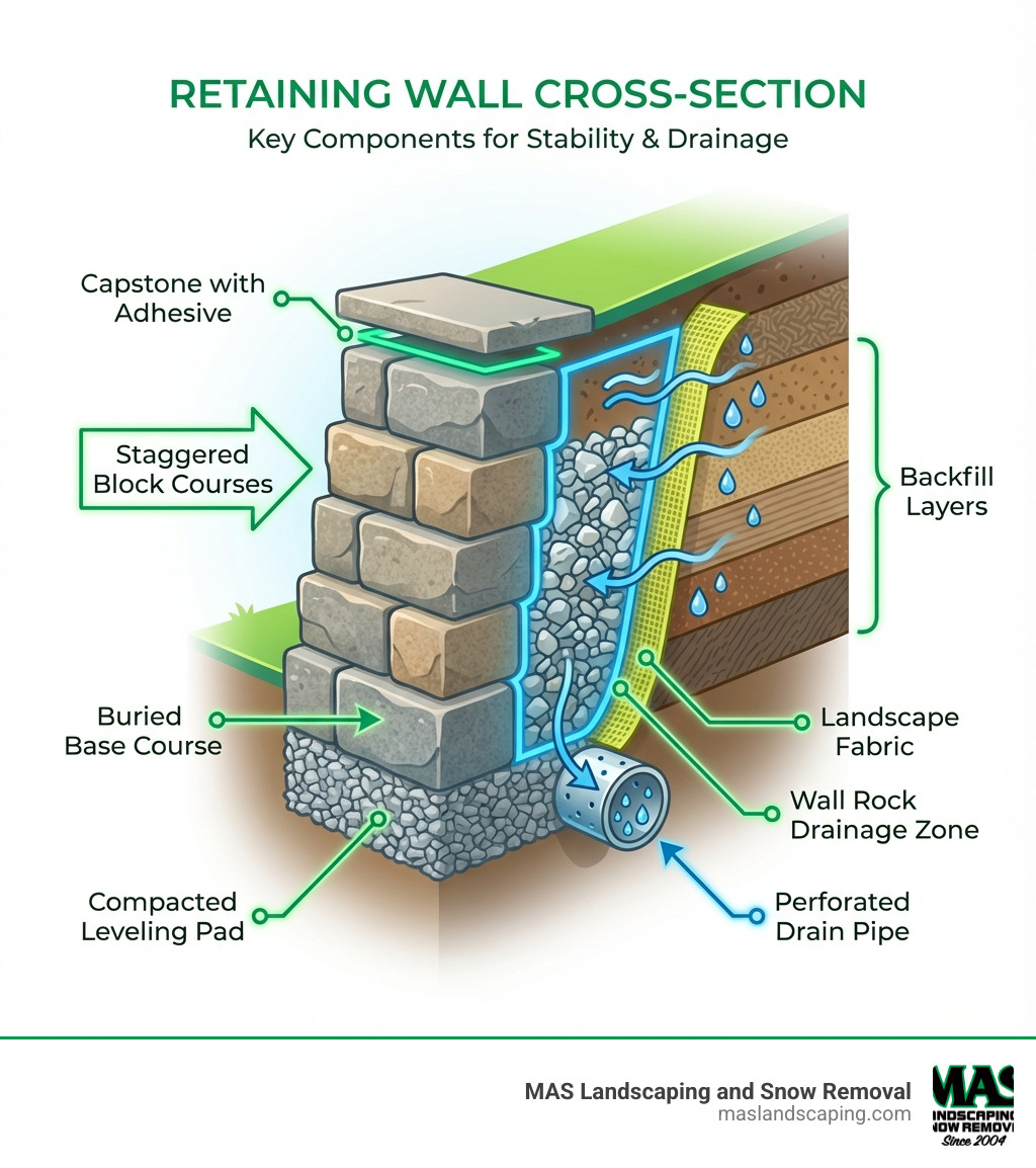 infographic showing cross-section of retaining wall with labeled components including buried base course, compacted leveling pad, wall rock drainage zone, perforated drain pipe, landscape fabric, backfill layers, staggered block courses, and capstone with adhesive - Retaining wall installation infographic 