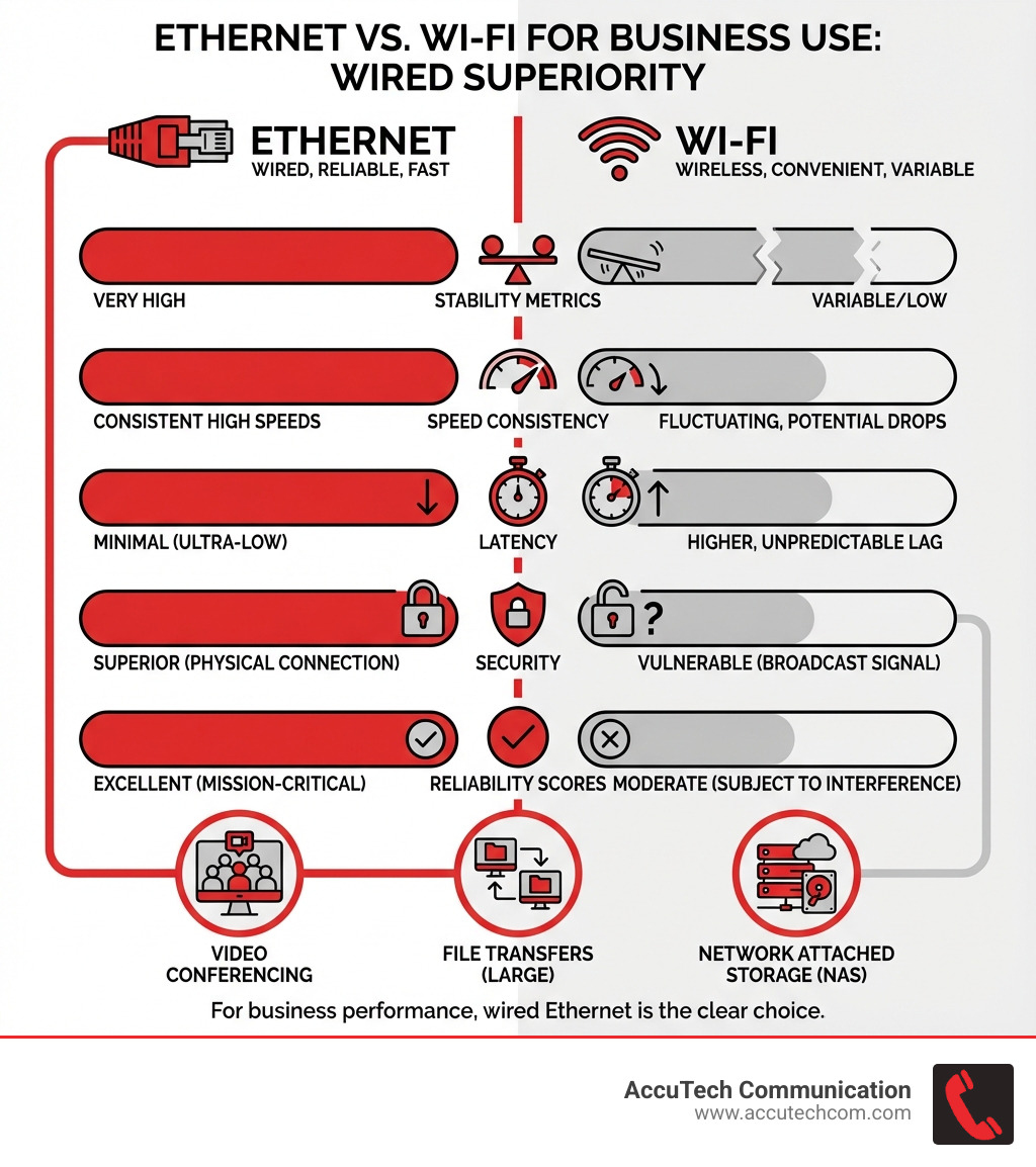 infographic comparing ethernet versus wifi for business use showing stability metrics speed consistency latency security and reliability scores with ethernet superior in all categories plus icons representing video conferencing file transfers and network attached storage - best ethernet cable for office wiring infographic infographic comparing ethernet versus wifi for business use showing stability metrics speed consistency latency security and reliability scores with ethernet superior in all categories plus icons representing video conferencing file transfers and network attached storage - best ethernet cable for office wiring infographic