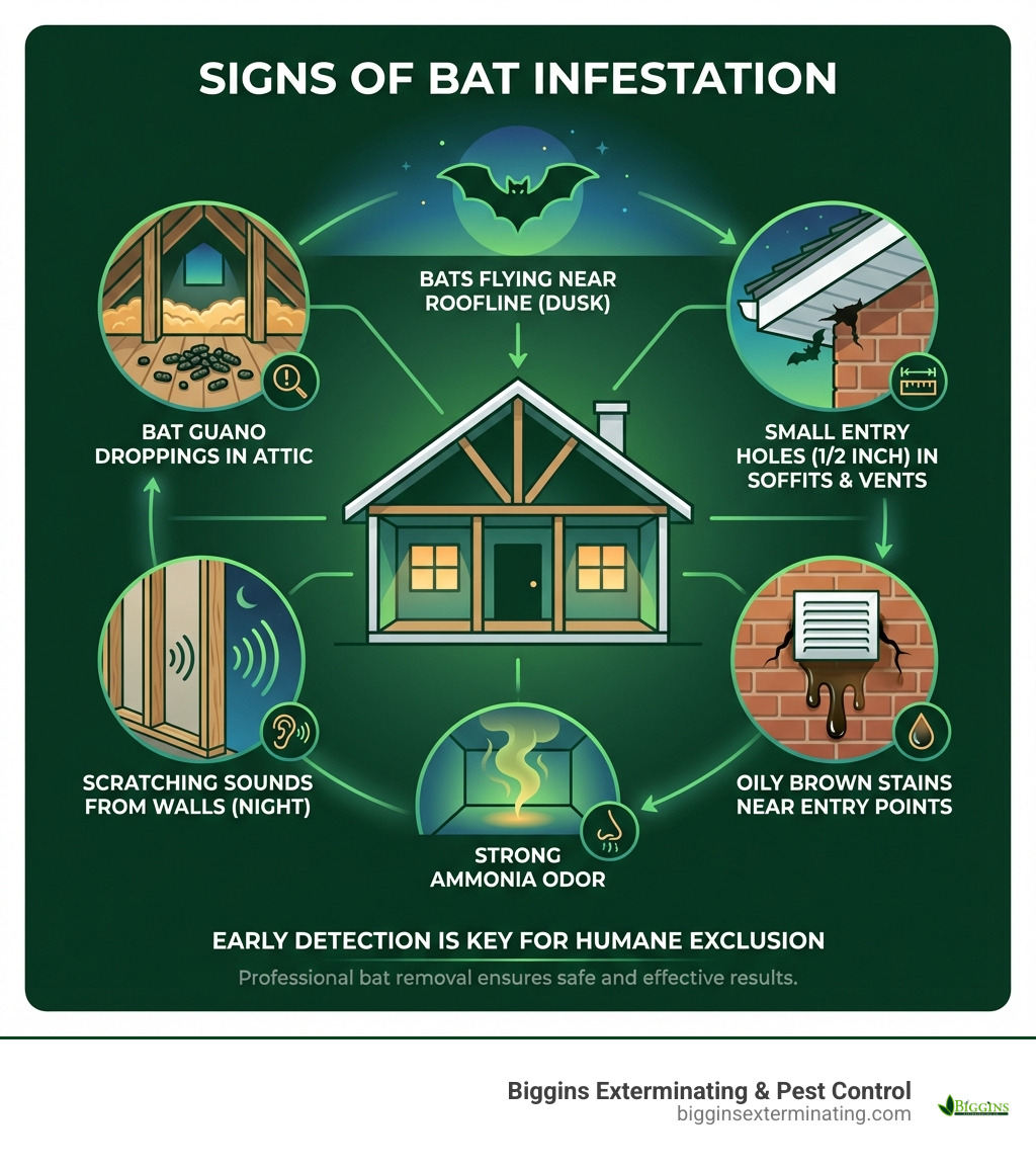 Infographic showing signs of bat infestation including bat guano droppings in attic, oily brown stains near entry points, scratching sounds from walls at night, bats flying near roofline at dusk, strong ammonia odor, and small half-inch entry holes in soffits and vents - bat removal Tewksbury MA infographic 