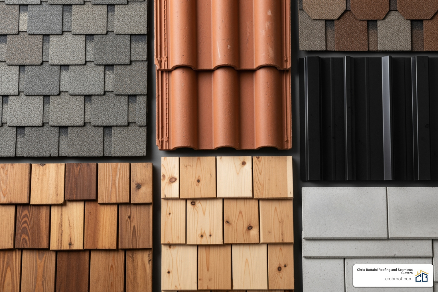 Image of various roofing material samples like asphalt shingles, metal, and cedar shake - residential roofing contractors