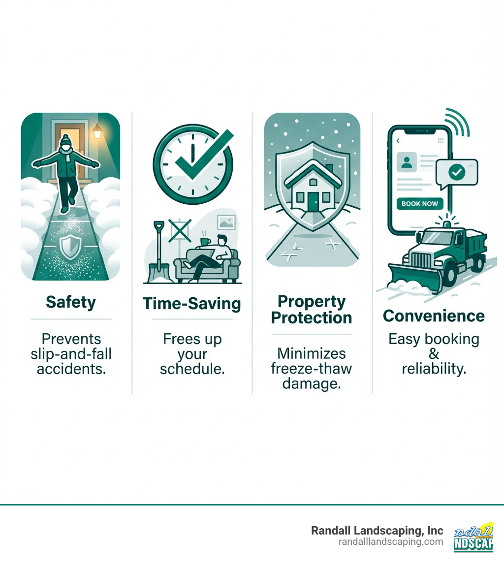infographic showing four key benefits of professional snow removal: Safety icon with person walking safely on cleared path, Time-Saving icon with clock and checkmark, Property Protection icon with house and shield, and Convenience icon with smartphone and snow plow truck - Local snow plowers infographic 