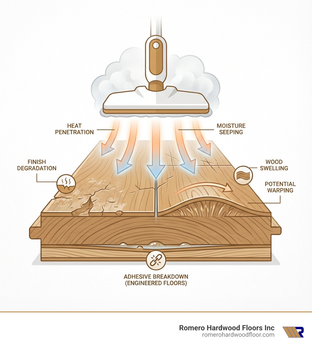 Infographic showing a cross-section of a wood floor plank with a steam mop above it, arrows indicating heat penetration and moisture seeping into board seams and micro-scratches, labeled areas showing finish degradation, wood swelling, potential warping, and adhesive breakdown in engineered floors - steam mop timber floors infographic Infographic showing a cross-section of a wood floor plank with a steam mop above it, arrows indicating heat penetration and moisture seeping into board seams and micro-scratches, labeled areas showing finish degradation, wood swelling, potential warping, and adhesive breakdown in engineered floors - steam mop timber floors infographic