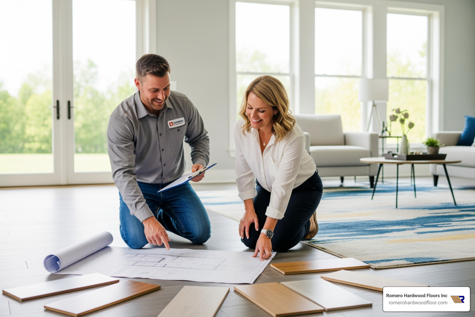 friendly contractor discussing plans with a homeowner - wood floor contractors friendly contractor discussing plans with a homeowner - wood floor contractors
