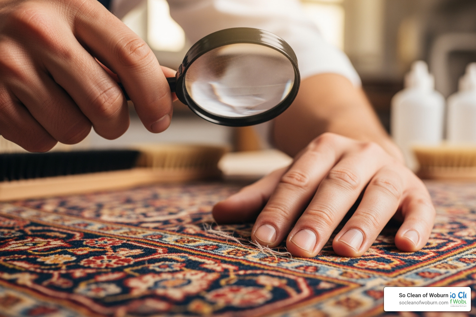 technician inspecting delicate rug fibers - rug cleaning arlington ma technician inspecting delicate rug fibers - rug cleaning arlington ma