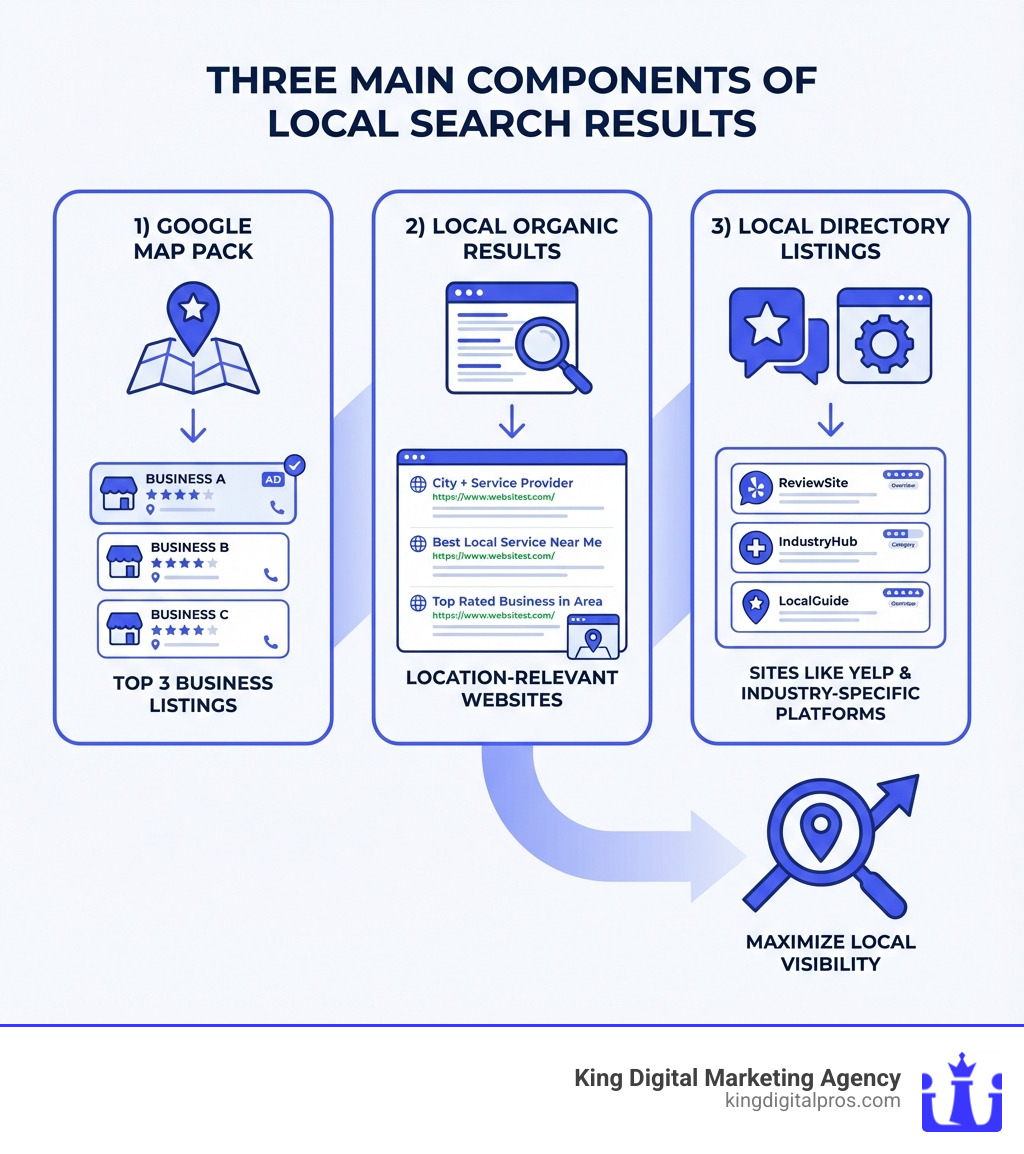 Infographic showing the three main components of local search results: 1) Google Map Pack with top 3 business listings, 2) Local Organic Results with location-relevant websites, and 3) Local Directory Listings from sites like Yelp and industry-specific platforms - local SEO specialists infographic Infographic Showing The Three Main Components Of Local Search Results: 1) Google Map Pack With Top 3 Business Listings, 2) Local Organic Results With Location-Relevant Websites, And 3) Local Directory Listings From Sites Like Yelp And Industry-Specific Platforms - Local Seo Specialists Infographic