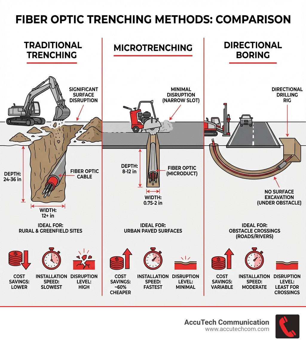 Infographic comparing underground fiber trenching methods: Traditional Trenching shows a wide, deep excavation (12+ inches wide, 24-36 inches deep) with heavy equipment and significant surface disruption, labeled for rural and greenfield sites. Microtrenching shows a narrow slot cut (0.75-2 inches wide, 8-12 inches deep) with specialized equipment and minimal disruption, labeled for urban paved surfaces. Directional Boring shows a horizontal drill path underground crossing beneath a road without surface excavation, labeled for obstacle crossings. Each method includes icons showing cost savings (microtrenching 60% cheaper), installation speed (microtrenching fastest), and disruption level (boring least disruptive for crossings). - Fiber optic trenching infographic Infographic comparing underground fiber trenching methods: Traditional Trenching shows a wide, deep excavation (12+ inches wide, 24-36 inches deep) with heavy equipment and significant surface disruption, labeled for rural and greenfield sites. Microtrenching shows a narrow slot cut (0.75-2 inches wide, 8-12 inches deep) with specialized equipment and minimal disruption, labeled for urban paved surfaces. Directional Boring shows a horizontal drill path underground crossing beneath a road without surface excavation, labeled for obstacle crossings. Each method includes icons showing cost savings (microtrenching 60% cheaper), installation speed (microtrenching fastest), and disruption level (boring least disruptive for crossings). - Fiber optic trenching infographic