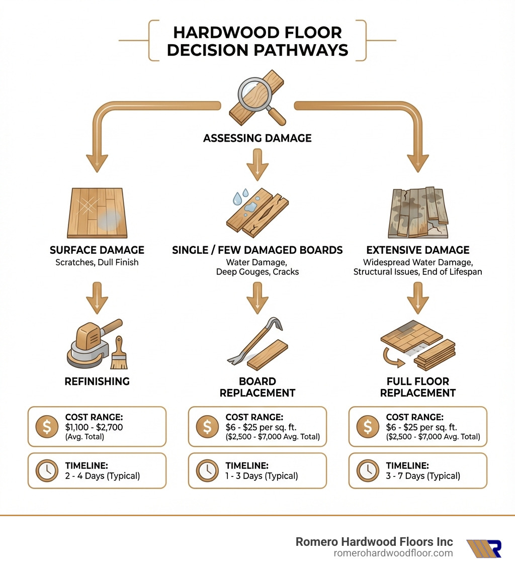 Decision tree infographic showing three pathways: Surface damage (scratches, dull finish) leads to Refinishing; Single or few damaged boards (water damage, deep gouges, cracks) leads to Board Replacement; Extensive damage (widespread water damage, structural issues, end of lifespan) leads to Full Floor Replacement. Each pathway includes average cost ranges and typical project timelines. - hardwood floor replace infographic 