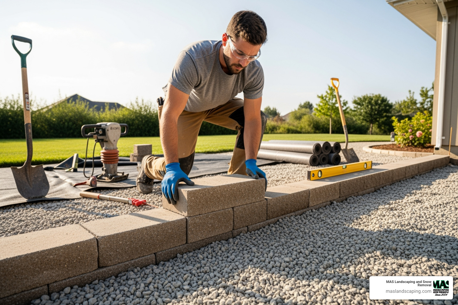 contractor laying the base course of a retaining wall - Retaining wall installation
