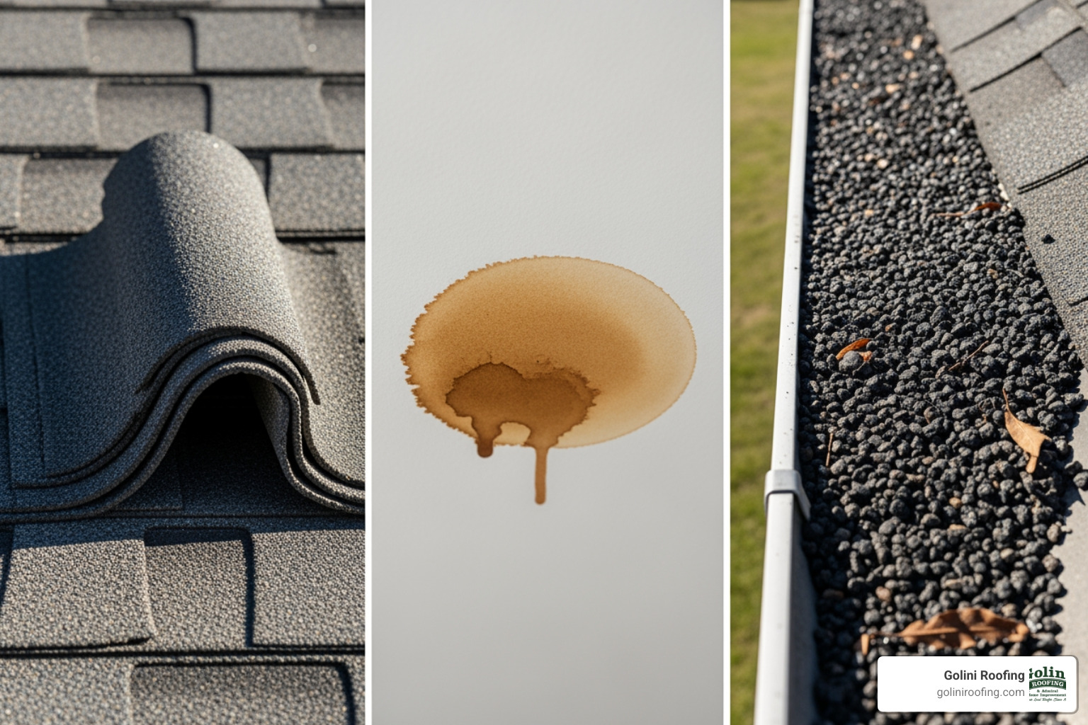 collage showing clear signs of roof damage: curling shingles, water stains on a ceiling, and missing granules in a gutter - Residential Roofing Service collage showing clear signs of roof damage: curling shingles, water stains on a ceiling, and missing granules in a gutter - Residential Roofing Service