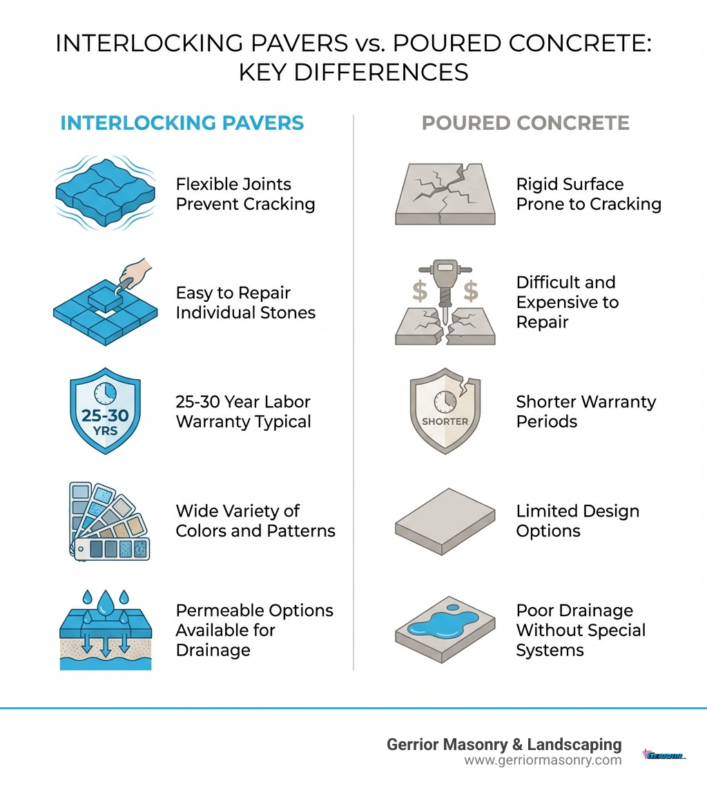 Infographic showing the key differences between interlocking pavers and poured concrete: Pavers - flexible joints prevent cracking, easy to repair individual stones, 25-30 year labor warranty typical, wide variety of colors and patterns, permeable options available for drainage. Poured Concrete - rigid surface prone to cracking, difficult and expensive to repair, shorter warranty periods, limited design options, poor drainage without special systems - paver stone contractors infographic 