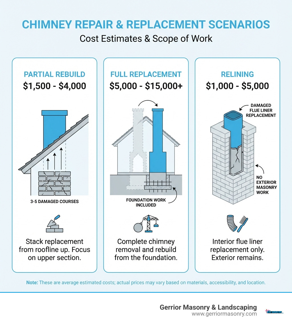 Infographic showing three chimney scenarios: Partial Rebuild ($1,500-$4,000) showing stack replacement from roofline up with 3-5 damaged courses; Full Replacement ($5,000-$15,000+) showing complete chimney removal and rebuild with foundation work; and Relining ($1,000-$5,000) showing damaged flue liner replacement without exterior masonry work - cost to replace chimney infographic 