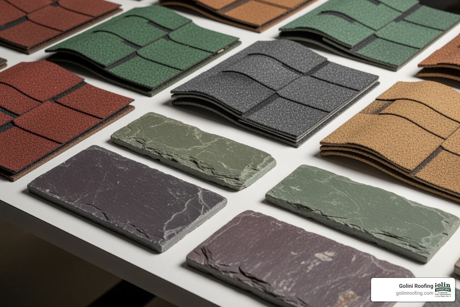 various residential roofing material samples like asphalt shingles, slate, and architectural shingles - Residential Roofing Service various residential roofing material samples like asphalt shingles, slate, and architectural shingles - Residential Roofing Service