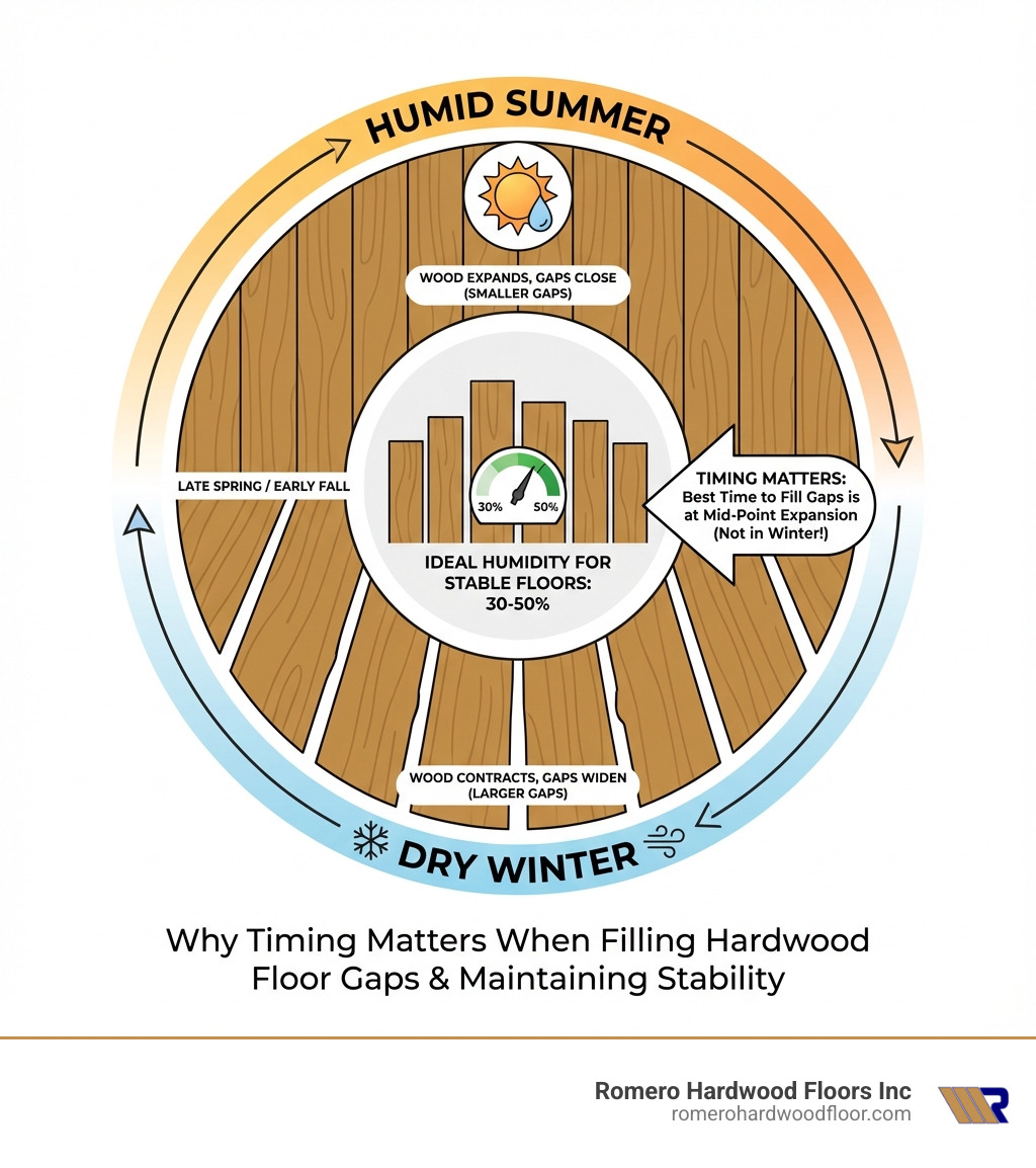 Infographic showing the annual cycle of hardwood floor movement: wood planks expanding in humid summer months with smaller gaps, then contracting in dry winter months with larger gaps, illustrating why timing matters when filling gaps and how humidity levels between 30-50% help maintain stable floor dimensions year-round - filling wood floor gaps infographic 
