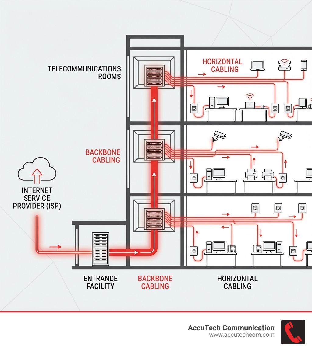 Infographic showing the flow of data through a structured cabling system: starting from an internet service provider connection at the entrance facility, through backbone cabling to telecommunications rooms on each floor, then via horizontal cabling to individual work area outlets where computers, phones, and other devices connect - low voltage data cabling infographic 