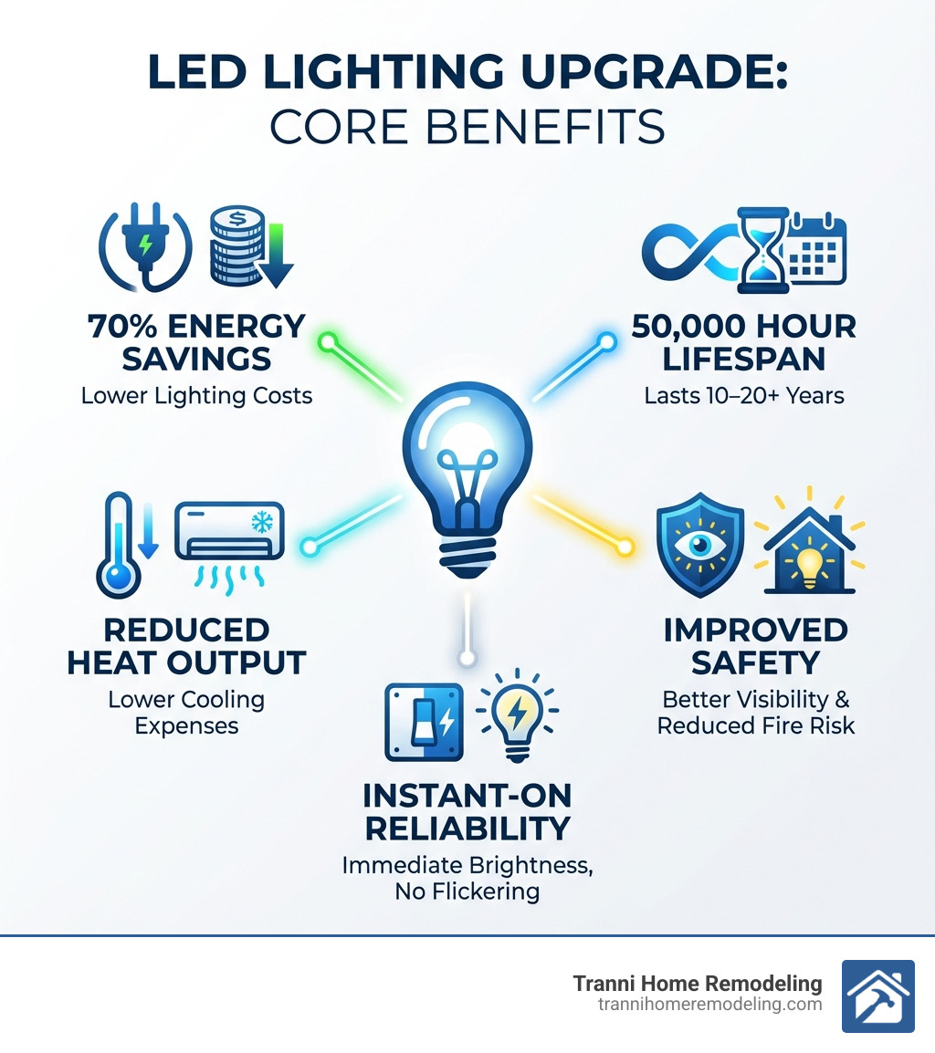 infographic showing LED benefits including 70% energy savings, 50,000 hour lifespan, reduced heat output, improved safety, and instant-on reliability - LED lighting installation services infographic 