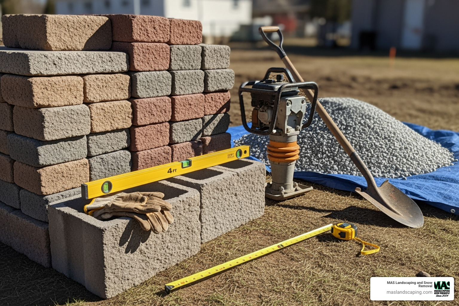 various tools and materials laid out for a retaining wall project - Retaining wall installation