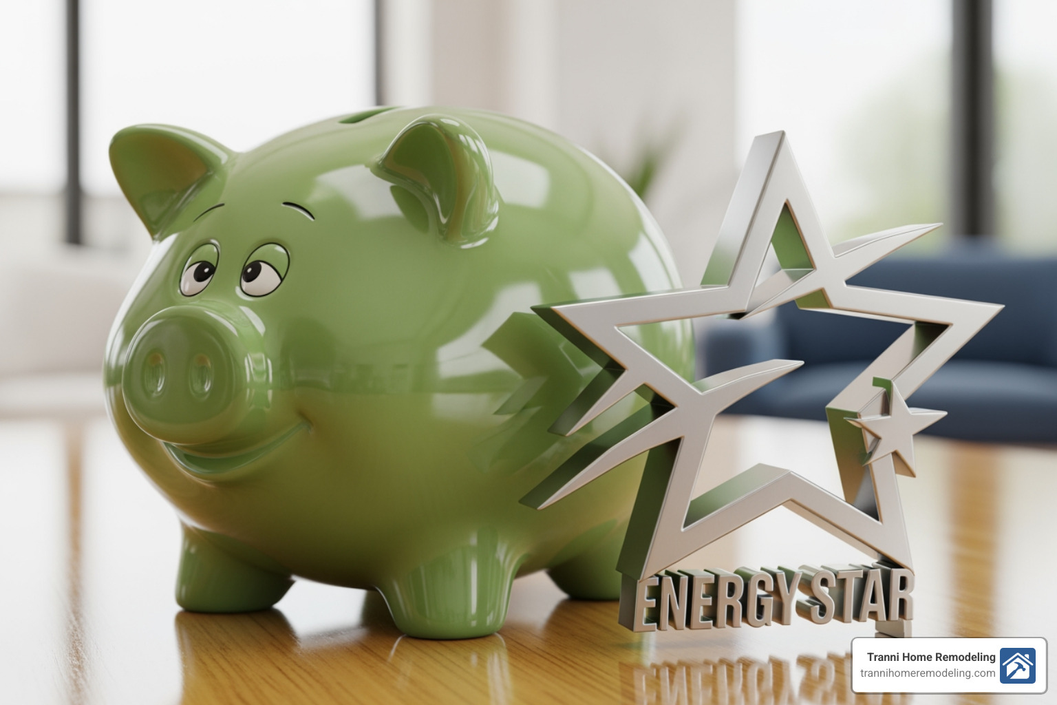 A piggy bank rests next to an ENERGY STAR logo, symbolizing the financial savings and energy efficiency benefits of choosing certified products and installations. - Mitsubishi Ductless AC Contractor