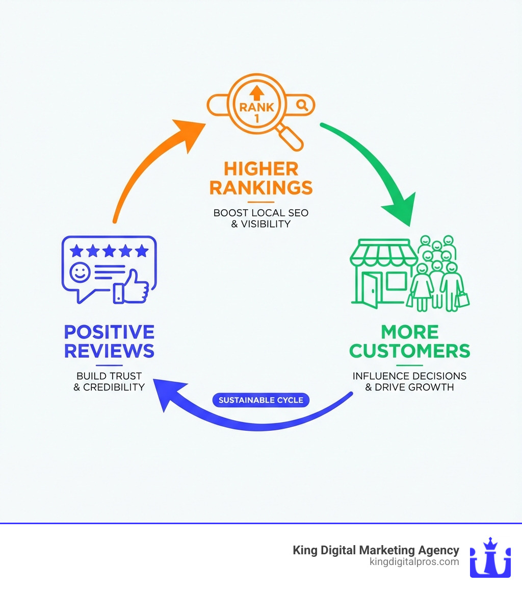Infographic explaining how positive reviews lead to higher rankings and more customers - Reputation management Santa Fe infographic